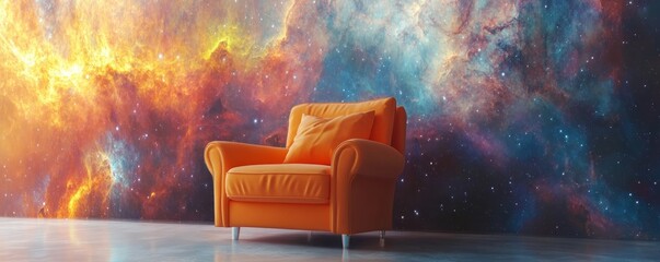 Canvas Print - Orange armchair inviting you to relax in front of galaxy wallpaper