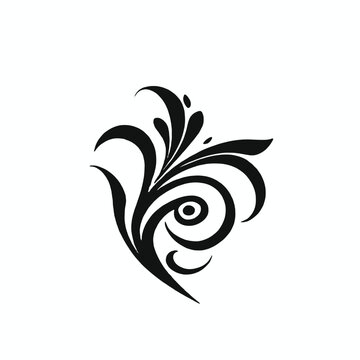 A black floral or leaf-like decorative design with curving lines and swirls