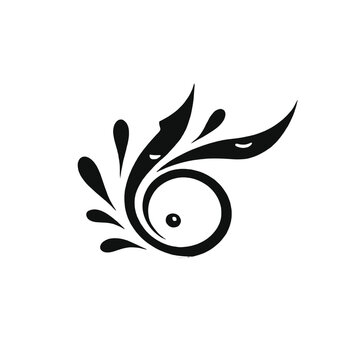 A black floral or leaf-like decorative design with curving lines and swirls