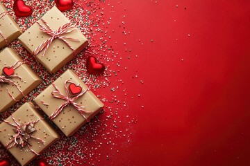 Express your love on Valentine's Day with a top view of craft paper gift boxes, rustic hearts, sprinkles with generative ai