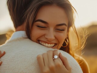 A man and woman hugging each other with a diamond ring on their finger