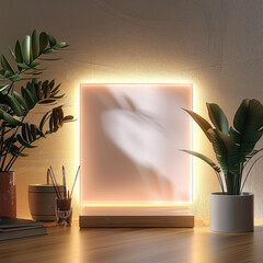 Aufkleber - A square acrylic LED light mockup with white lighting and shadows, featuring a blank acrylic square on the front face of the lamp in a front view. a plain background color.