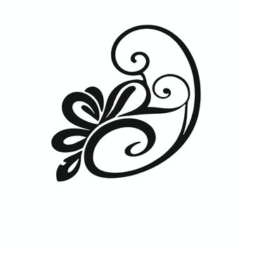 A black floral or leaf-like decorative design with curving lines and swirls