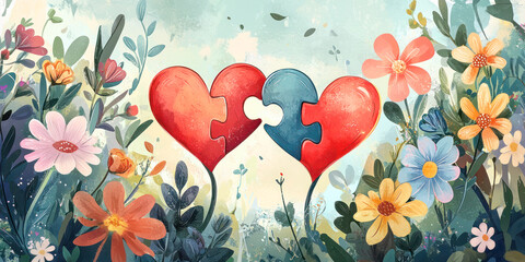 Two puzzle piece hearts fitting together, surrounded by vibrant flowers and foliage in a romantic garden scene.