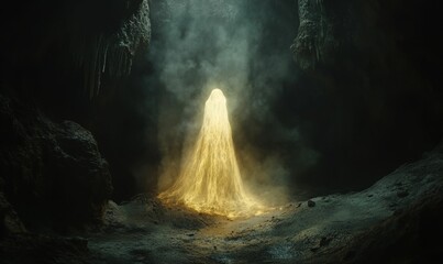 Poster - Golden light erupts from cave floor.