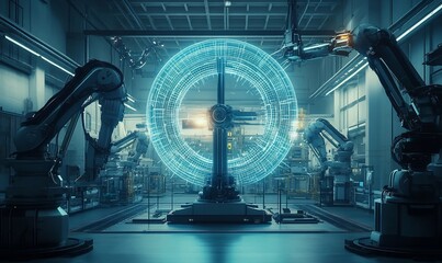 Aufkleber - Futuristic factory interior with robotic arms and a glowing blue circular structure in the center.