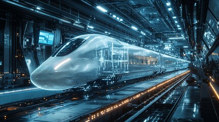 Poster - Futuristic high-speed train in a futuristic station, rendered as a wireframe model with blue lights.