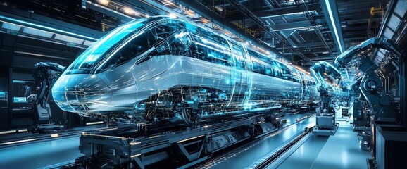 Poster - Futuristic train being assembled on an automated production line.