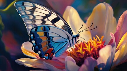 Poster - A close-up of a butterfly resting on a vibrant flower, its delicate wings displaying intricate patterns and colors.