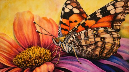 Poster - A close-up of a butterfly resting on a vibrant flower, its delicate wings displaying intricate patterns and colors.