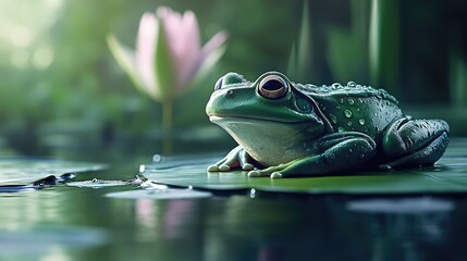 Poster - A close-up of a frog sitting on a lily pad in a serene pond, with water droplets on its smooth green skin.