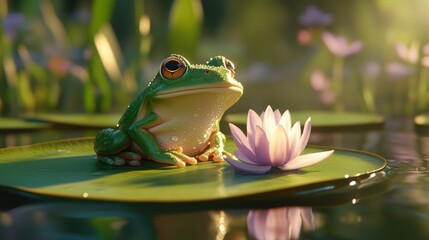 Poster - A close-up of a frog sitting on a lily pad in a serene pond, with water droplets on its smooth green skin.