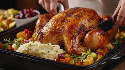 Poster - A close-up of hands cutting into a perfectly roasted Thanksgiving turkey with side dishes of mashed potatoes, cranberry sauce, and vegetables.