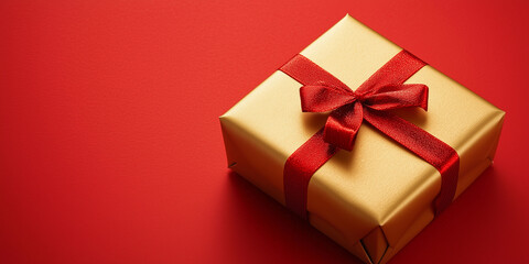 gold gift box with red ribbon on red Christmas background