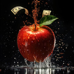 Canvas Print - An apple with money pouring out of it, on a black background.