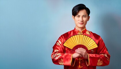 Man in Traditional Chinese Clothing: A handsome young man in a vibrant red Chinese tunic, adorned with intricate embroidery, holds a golden fan with a warm and welcoming smile.