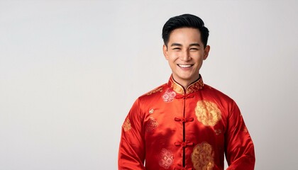 Smiling Man in Traditional Chinese Clothing: A young man wearing a vibrant red Chinese tunic with ornate details smiles warmly into the camera, radiating joy and festivity.