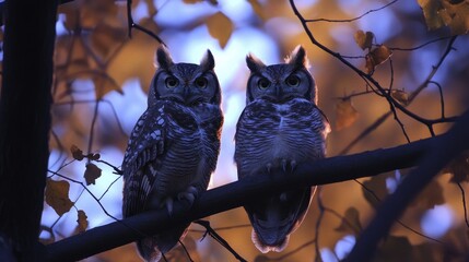 A pair of owls perched on a tree branch at dusk, their large eyes glowing in the fading light.