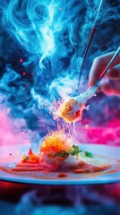 Chefs create stunning molecular gastronomy dishes using lasers and liquid nitrogen in a market