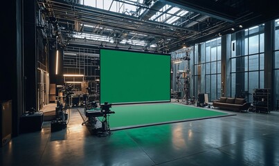 Aufkleber - Large green screen in a modern studio with cameras and lighting equipment.
