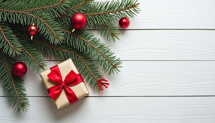 graceful gift boxes with holiday decorations on a white wooden background.