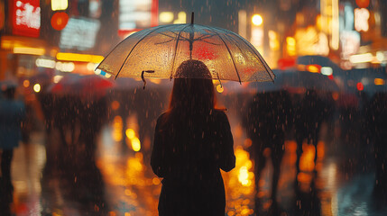 A woman walks along a busy street with an umbrella in rainy weather. City street in the evening. Bokeh effect. AI generative