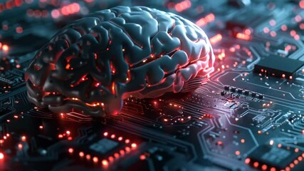 Wall Mural - Brain is on a computer chip. The brain is glowing red