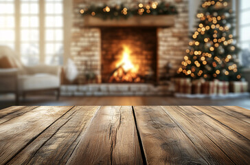 Christmas holiday background with empty wooden deck table over festive bokeh. Ready for product montage
