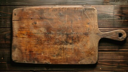 The cutting board is made of wood and shows significant signs of wear and use