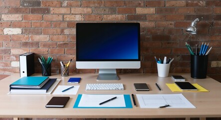 Poster - Clean office desk with stationery background tidy office desk with pens papers and a sleek computer