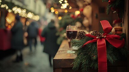 A festive holiday market scene featuring a decorated table with pine, a red ribbon, and a glass of mulled wine, all illuminated by warm lights.