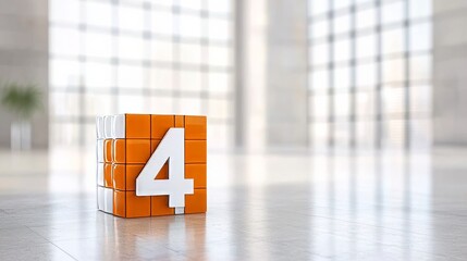 An orange and white cube with the number 4 on it in a bright, modern interior space 