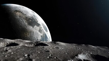 Wall Mural - moon is in the sky above a rocky surface. the moon is in the middle and is surrounded by a lot of cr