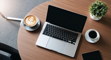 Laptop and coffee on desk background modern laptop with a cup of coffee on a sleek office desk