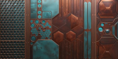 Poster - Copper and Teal Futuristic Metal Wall Panels