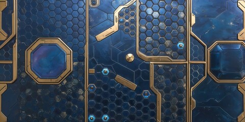 Canvas Print - Blue and Gold Sci-Fi Panel with Hexagon Pattern