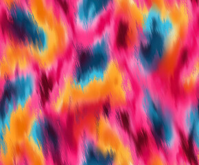 Seamless tie-dye inspired abstract pattern with bold pink, blue and yellow colors, artistic blurred style