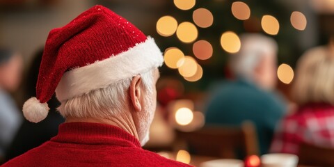 Senior man in Santa hat enjoying a festive Christmas gathering, blurred background.