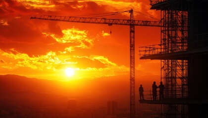 Engineers and workers in safety gear overseeing construction at sunset