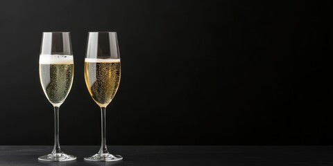 Two elegant champagne glasses on a dark background, celebration concept.