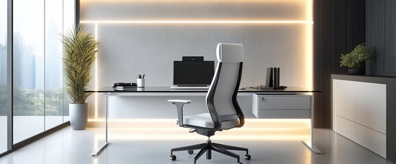 Poster - Modern office interior with a white desk, a chair, a potted plant, a monitor, and a window with a city view.