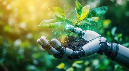 A robot arm holds soil with a plant and digital technology for the concept of environmental protection on a blurred green background. 