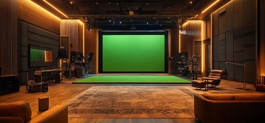Poster - Modern recording studio with green screen, wooden floor, lighting equipment,  comfortable armchairs and a large rug.