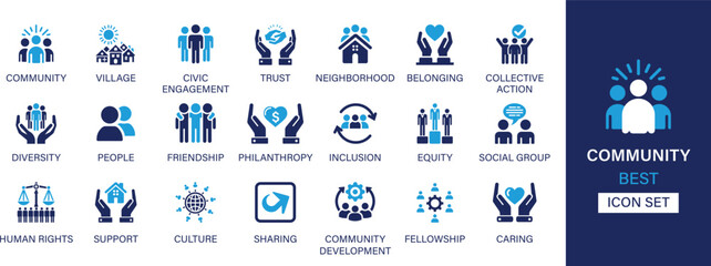 community best solid icon set collection. civic engagement, trust, neighborhood, belonging, collecti