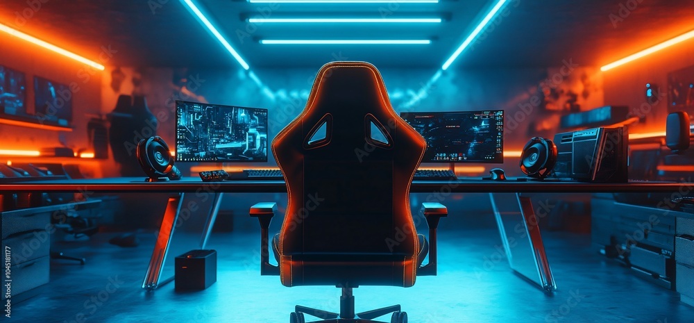 Rear view of a gamer chair in a gaming room with neon lighting ...