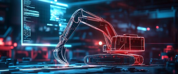 Fototapete - Red wireframe excavator model in front of a blue computer screen with digital data.