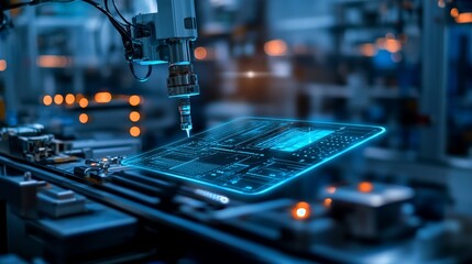 Poster - Robotic arm assembling a circuit board with holographic display on a conveyor belt in a factory.