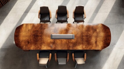 Poster - Clean office interior with a top view of a wooden conference table and chairs arranged in perfect order