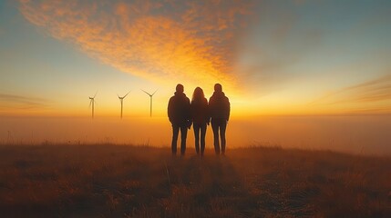 two environmental workers collaborating in a field of wind turbines, actively engaged in sustainable energy projects, showcasing teamwork and dedication to green initiatives