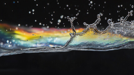 A high-speed water splash in mid-air, each droplet refracting a soft rainbow. The background is dark to make the iridescent colors of the rainbow and water stand out vividly.